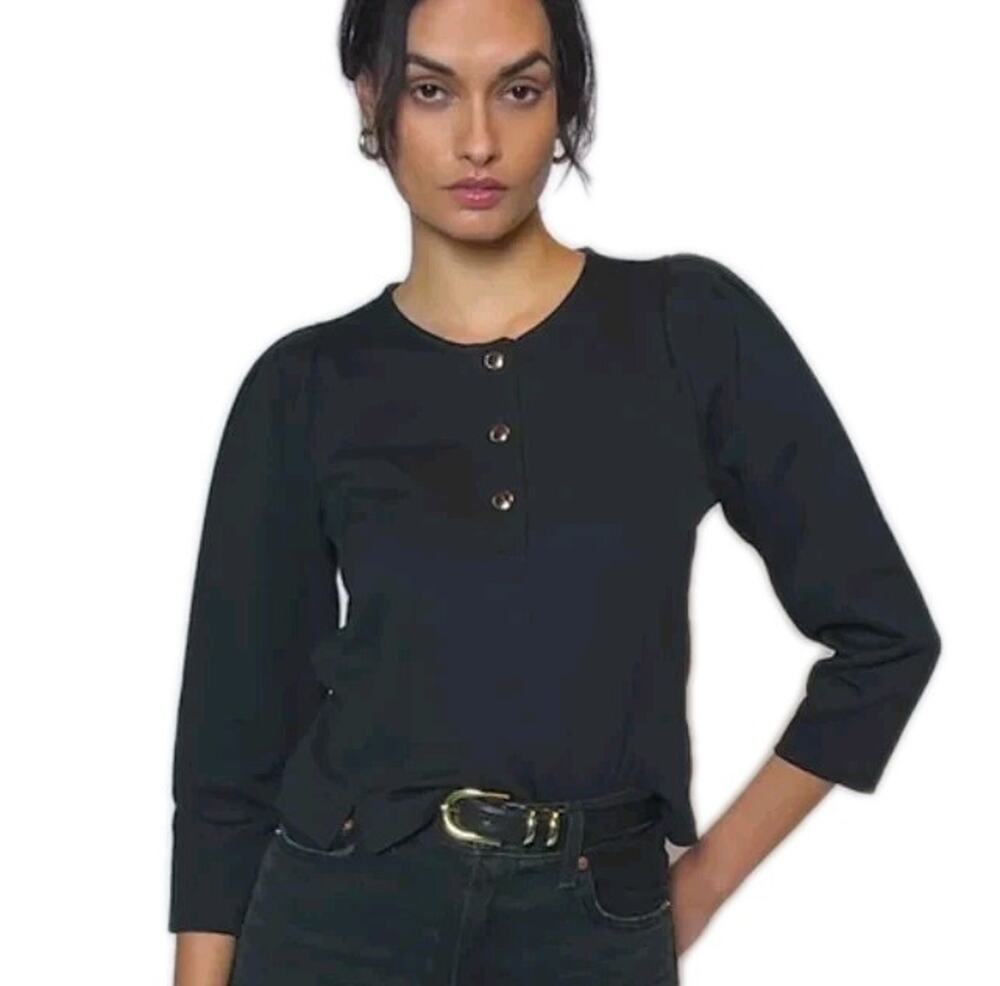 NATION Los Angeles Black Janney Henley Top 3/4 Sleeve Gold Snaps Women's Large